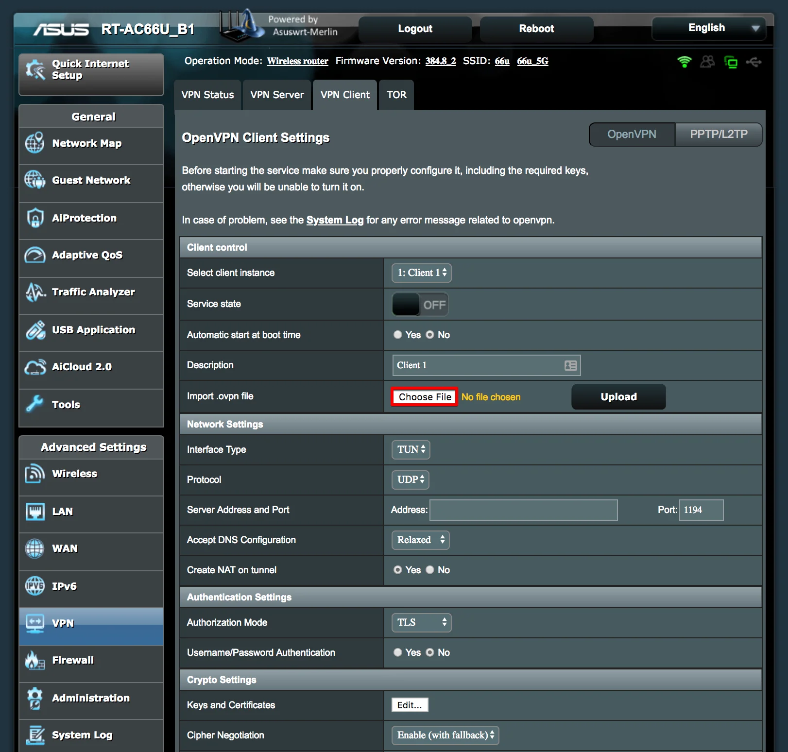 OpenVPN Client Settings: Import .ovpn file