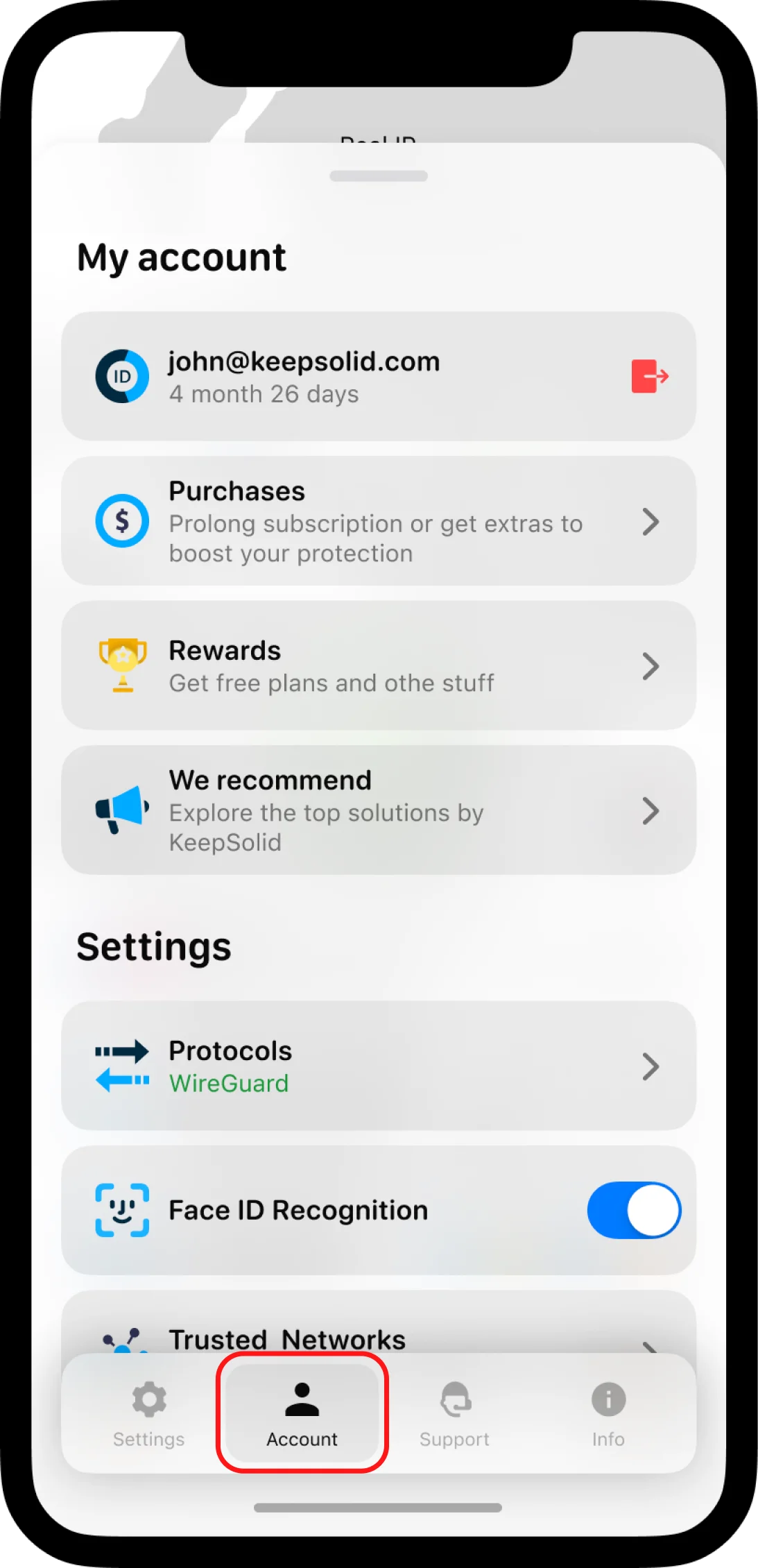 VPN for iOS devices -my acAcount tab of KeepSolid VPN Unlimited app