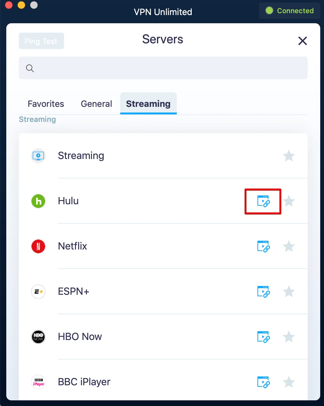 KeepSolid VPN Unlimited app on macOS - Streaming icon opens the website of the streaming service in your browser