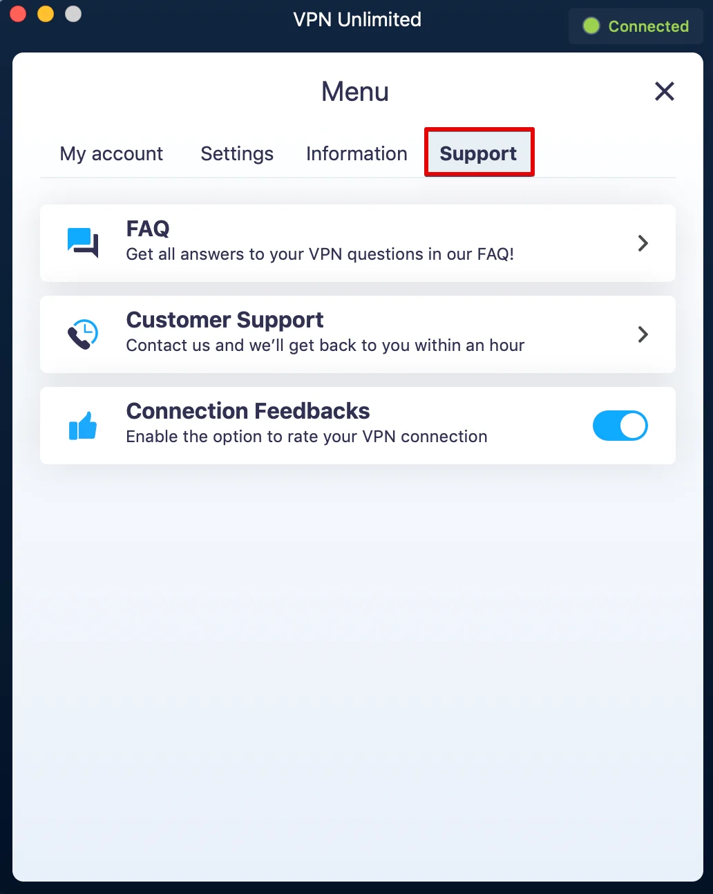 Support tab of KeepSolid VPN Unlimited app on Mac