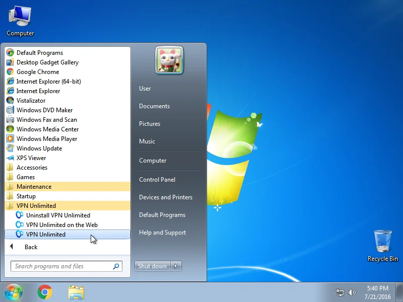 How to install VPN App on Windows 7 - for launching VPN: Start>All Programs>VPN Unlimited>VPN Unlimited