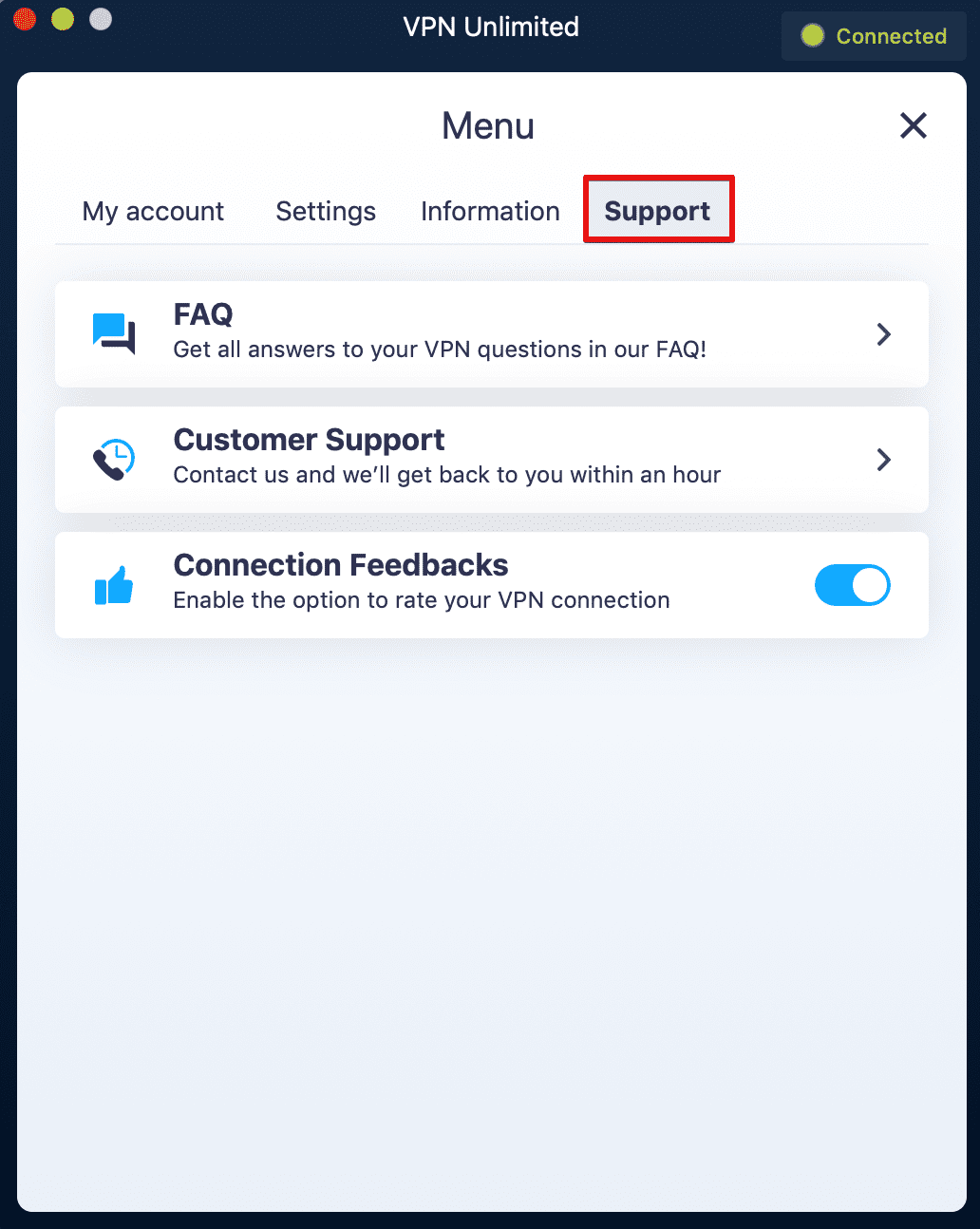 Support tab of KeepSolid VPN Unlimited app on Mac