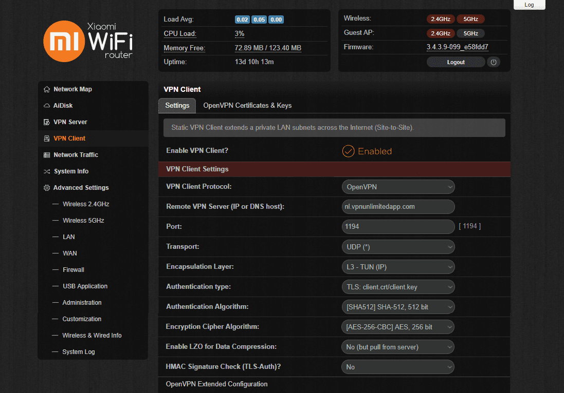 OpenVPN settings for configuring Padavan VPN