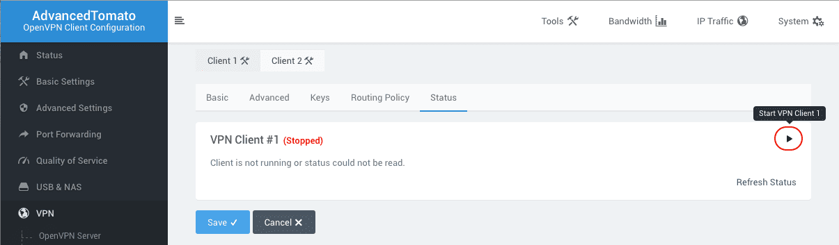 Click Save and then Start VPN Client1 - OpenVPN Settings on Asus RT-N16 router with Tomato Firmware