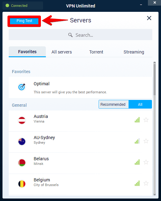 VPN Ping Test: In the left of the Servers screen there is a Ping Test button