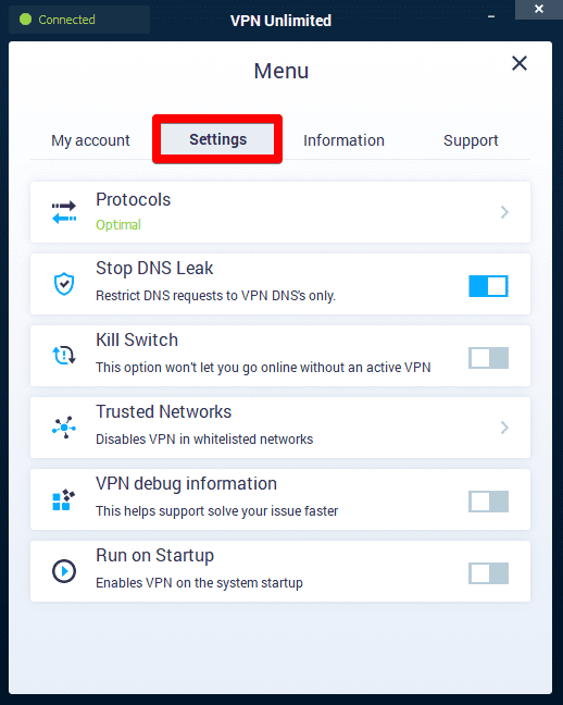 How to use VPN on my PC: Settings tab