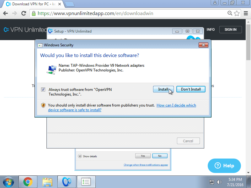 How to install VPN App on Windows 7 - install TAP Adapter, select the checkbox labeled Always trust software