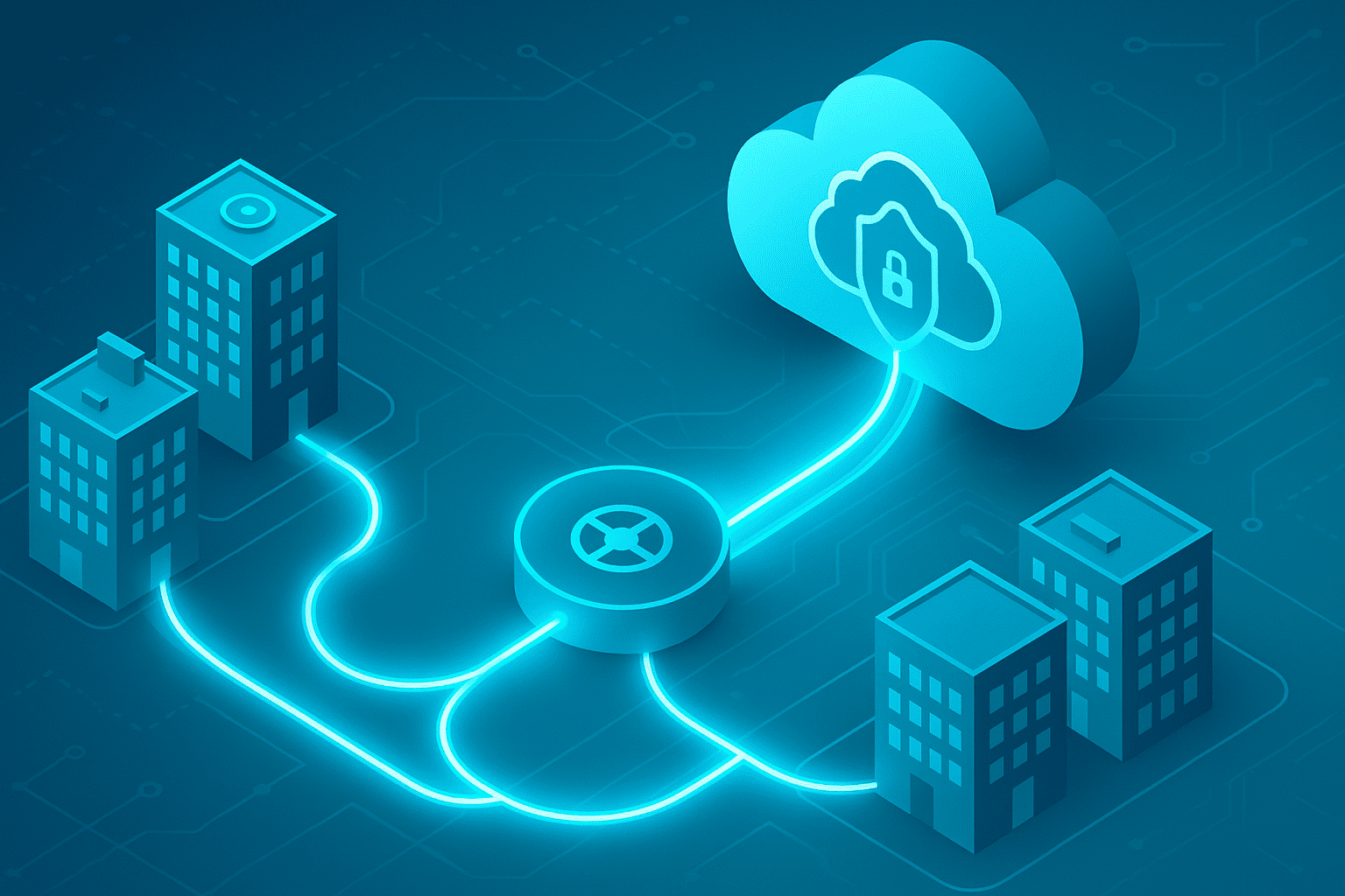 Isometric illustration of three office buildings linked by glowing blue VPN lines through a central router to a cloud icon with a padlock, symbolizing a secure enterprise VPN connection to a cloud VPC