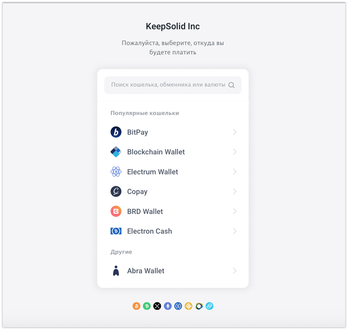 7. Выберите кошелек, из которого вы будете платить за нашу VPN-подписку (в этой инструкции мы выбрали BitPay).